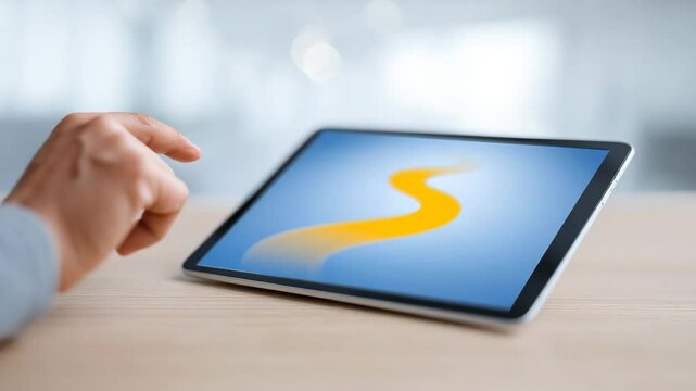 Digital Journey Planning: A hand interacts with a tablet displaying a vibrant yellow path, symbolizing strategic planning and digital navigation.