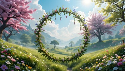 "Beautiful Enchanted Fantasy Garden Landscape with Blooming Trees and Round Frame &ndash; Fairy Tale Banner"