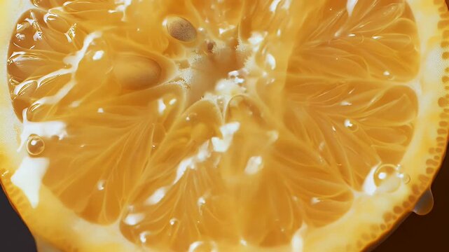 freshly squeezed orange juice flows from the ripe fruit slice close - up on a orange background