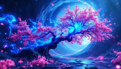 An enormous tree growing in the middle of a crater on the moon, leaves glowing with bioluminescence, surreal life in space