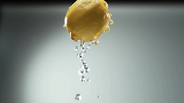 Super slow motion of lemon hitting in the air with water splashes. Filmed on high speed cinema camera