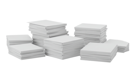 A clean 3D illustration of neatly stacked printer paper packs, set against a crisp white background. Ideal for office, business, and stationery themes.
