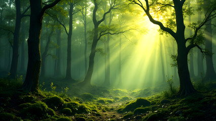 Obraz premium Sunlit Forest: Radiant sunbeams pierce through the dense canopy, illuminating the vibrant undergrowth, creating a mystical and ethereal atmosphere.