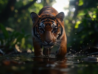 Tiger walking through shallow water