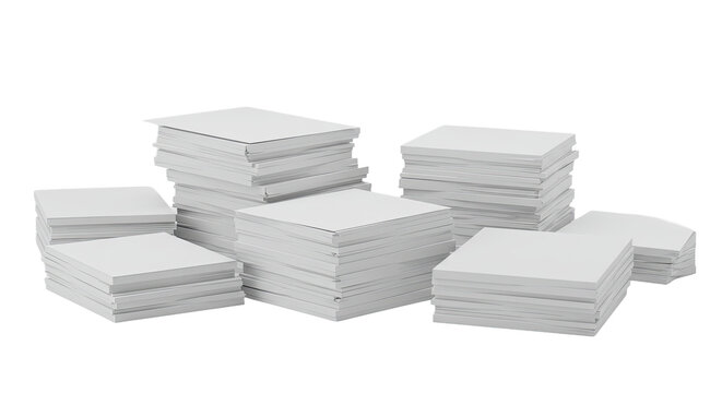 A clean 3D illustration of neatly stacked printer paper packs, set against a crisp white background. Ideal for office, business, and stationery themes.