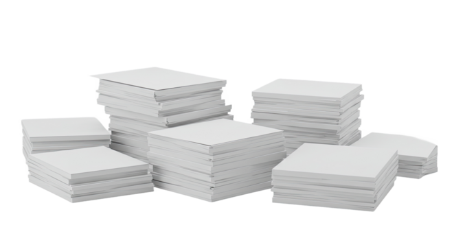 A clean 3D illustration of neatly stacked printer paper packs, set against a crisp white background. Ideal for office, business, and stationery themes.