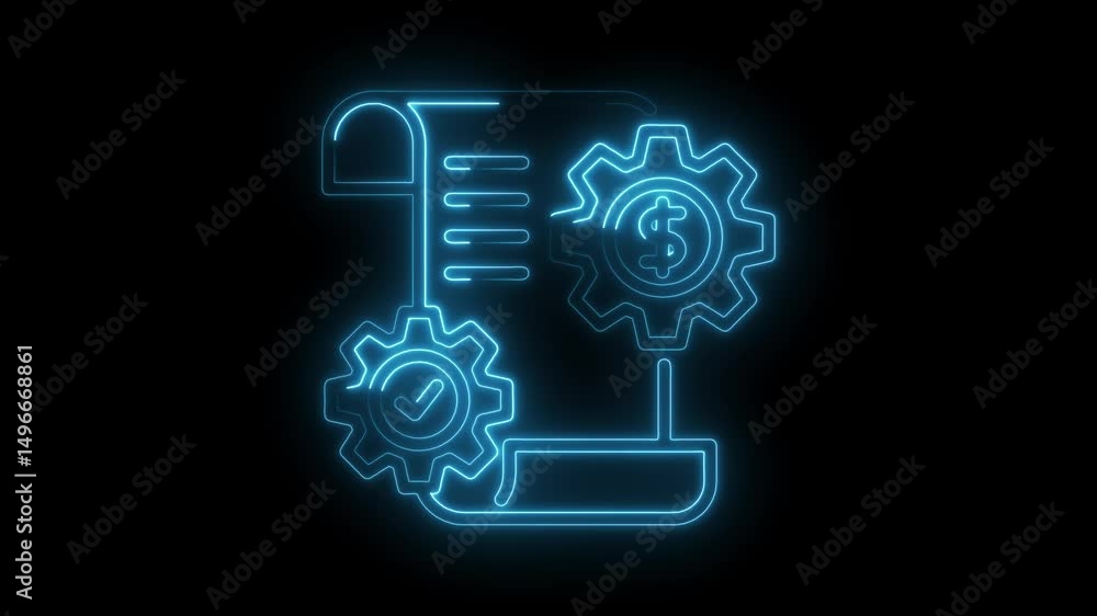 Aufkleber glowing neon line automation process with gears and document icon on black background