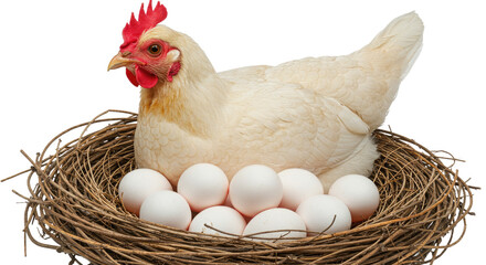 A pristine hen lovingly guards her nest, brimming with fresh white eggs. A powerful image...