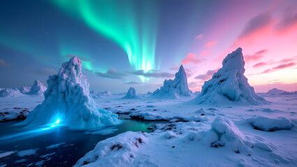 Aurora Borealis over Ice Formations: Witness the breathtaking spectacle of the Aurora Borealis dancing across the night sky above a surreal landscape of ice formations.