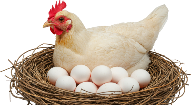 A pristine hen lovingly guards her nest, brimming with fresh white eggs. A powerful image symbolizing maternal nurturing and the miracle of new life.