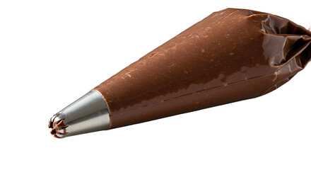 A piping bag generously filled with rich chocolate frosting, fitted with a gleaming metal tip, isolated on a clean white background. Surface view.