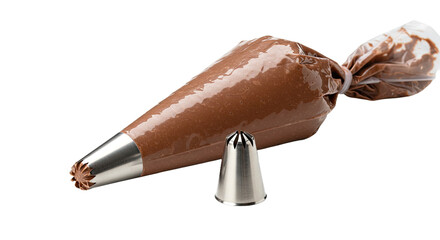 Essential baking tool: a piping bag with chocolate frosting and a metal tip, isolated on a white background. Perfect for culinary projects.