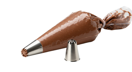 Essential baking tool: a piping bag with chocolate frosting and a metal tip, isolated on a white background. Perfect for culinary projects.