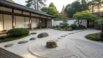 Minimalist Zen garden showcasing raked sand patterns and smooth stones. Ideal for meditation, tranquility, and Japanese garden themes.