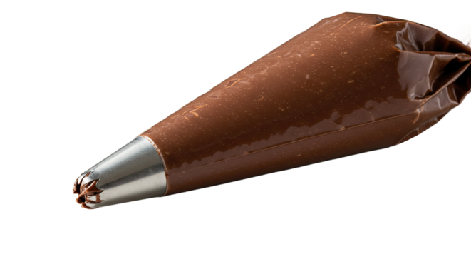 A piping bag generously filled with rich chocolate frosting, fitted with a gleaming metal tip, isolated on a clean white background. Surface view.