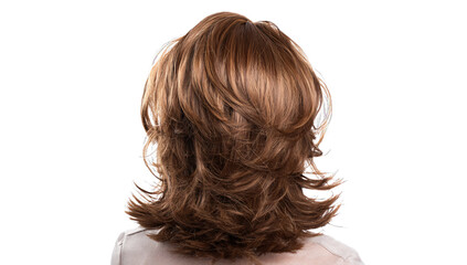 Fototapeta premium Shaggy layered wig in warm brown, perfect for creating unique and stylish looks, transparent background.