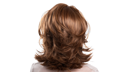 Shaggy layered wig in warm brown, perfect for creating unique and stylish looks, transparent background.