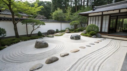 Minimalist Zen garden showcasing raked sand patterns and smooth stones. Ideal for meditation, tranquility, and Japanese garden themes.