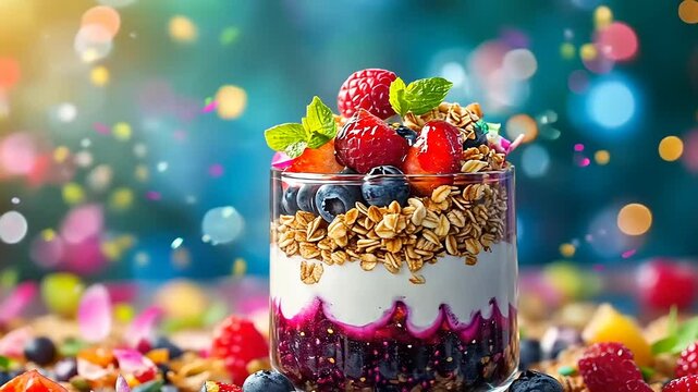 Delicious parfait with yogurt, granola, and fresh berries on a vibrant, colorful background
