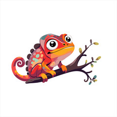 Cute Colorful Chameleon Sitting on Branch – Vector Cartoon Illustration