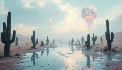 A surreal landscape with moons rising from a desert floor like balloons, pastel sky, gravity-defying atmosphere