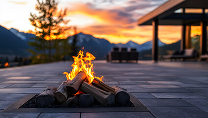 Obraz premium Modern Patio Firepit with Mountain Sunset View