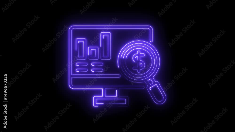 Poster neon financial analysis animation displaying bar graph and dollar symbol on computer screen