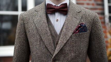 Elegantly dressed man wearing tweed suit with a bow tie and pocket square