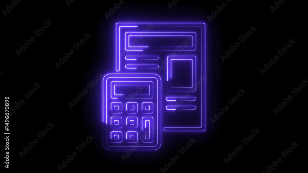 Poster glowing neon style calculator and document symbol animated on black background