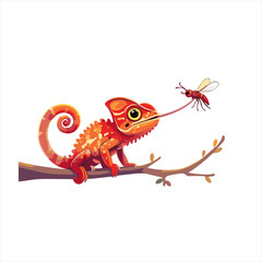 Cute Colorful Chameleon Sitting on Branch – Vector Cartoon Illustration