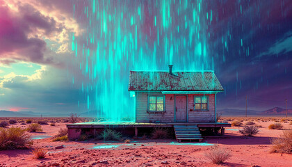 A lone house in the middle of a desert with holographic rain falling only on the roof, surreal summer drought and artificial weather fusion