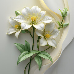 Delicate white magnolia flowers with green leaves and budding branches against a soft background
