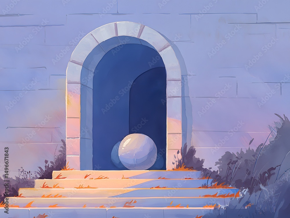 Poster a stone archway leading to a mysterious interior. the scene is illuminated by soft sunlight, creatin