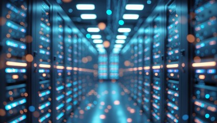 A modern data center room with rows of  server racks, soft blur effect, infrastructure system.