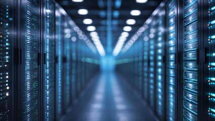 Fototapeta premium A modern data center room with rows of server racks, soft blur effect, infrastructure system.