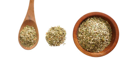 Top view of dried oregano in wooden bowl and spoon isolated on transparent background