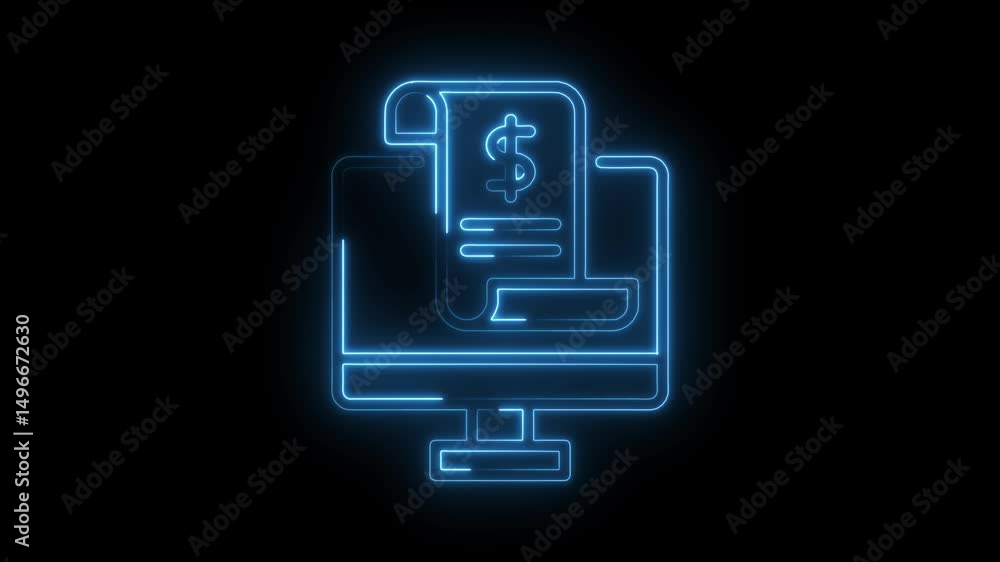 Poster neon computer screen displaying online invoice and digital financial transaction with dollar symbol