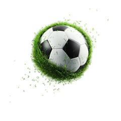 A soccer ball mid-air with motion blur and grass on transparent background