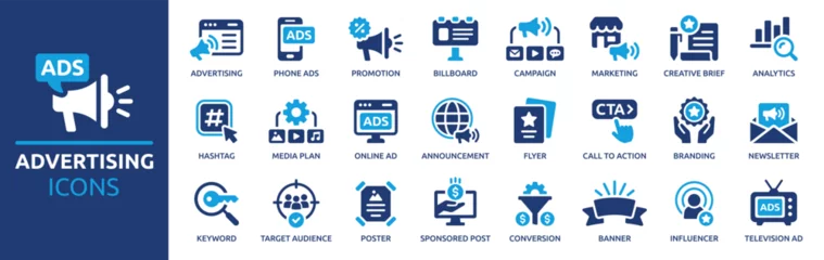 Fototapeten Advertising icon set. Containing marketing, promotion, announcement, branding, campaign, Ad, billboard, banner and more. Solid vector icons collection. © Icons-Studio