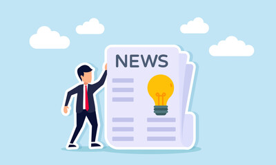 Businessman standing next to newspaper with lightbulb sign illustration of news about inspiration in business innovation ideas