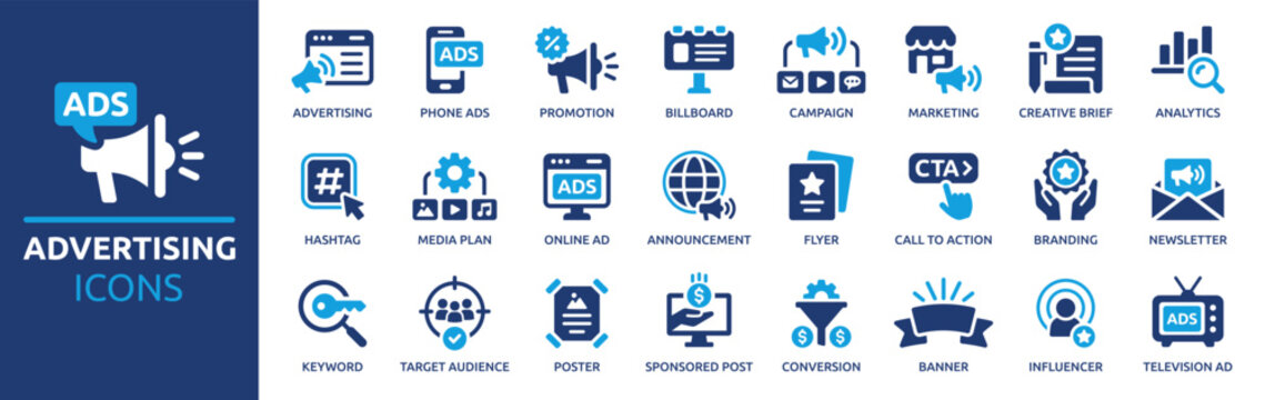 Advertising icon set. Containing marketing, promotion, announcement, branding, campaign, Ad, billboard, banner and more. Solid vector icons collection.
