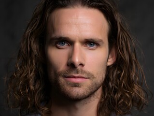 A handsome man with long brown curly hair, and blue eyes stares directly at the viewer. The lighting accentuates the natural skin tones and draws attention to the eyes.