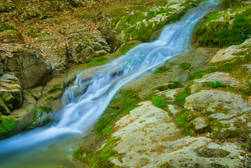 small mountain brook rushing over a stones in mountain canyon