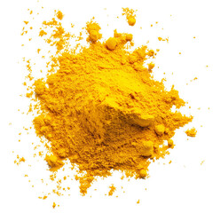 Bright yellow turmeric powder exploding on transparent background