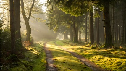 Obraz premium Tranquil forest trail with sunlight filtering through lush trees. Ideal for nature walks, serenity, and outdoor exploration themes.