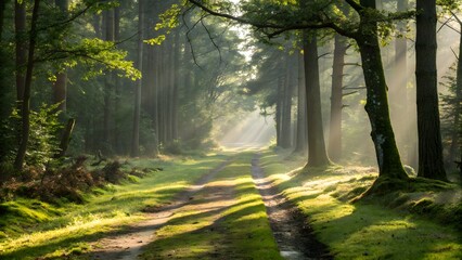 Obraz premium Tranquil forest trail with sunlight filtering through lush trees. Ideal for nature walks, serenity, and outdoor exploration themes.