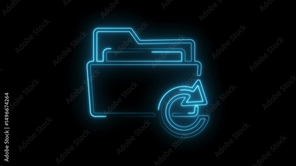 Aufkleber neon style file folder with refresh arrow sign glowing on black background
