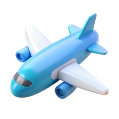 A cartoon airplane in blue and white on a plain white background