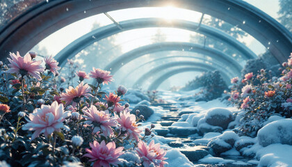 A futuristic garden with bioluminescent plants growing upside-down from the sky, a person meditating at the center, neon and nature fusion