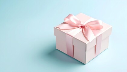 Obraz premium Pastel gift box with pink ribbon on blue background
